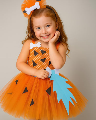 Pebbles Costume Tutu Dress for Girls – Toddler Halloween Outfit with Bone Headband – Flintstones Baby Dress