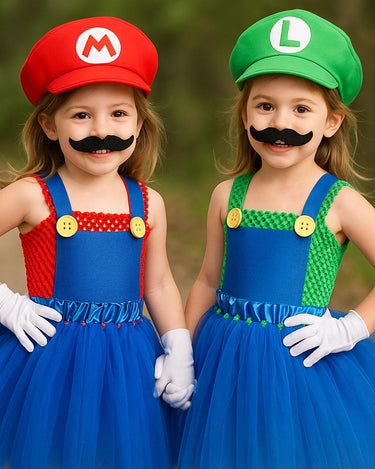 Mario Luigi Tutu Dress Set – Girls Halloween Costume with Gloves & Hat – Sibling Matching Outfits