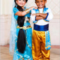 Girls Princess Jasmine Costume Set – Satin & Organza Aladdin Inspired Outfit with Accessories – Halloween – Royal Blue Genie Costume