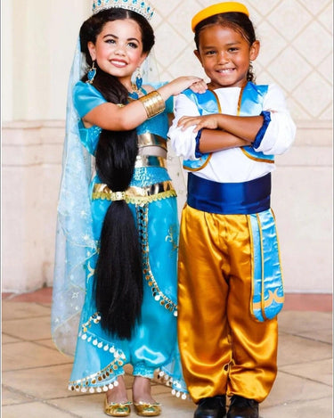 Girls Princess Jasmine Costume Set – Satin & Organza Aladdin Inspired Outfit with Accessories – Halloween – Royal Blue Genie Costume