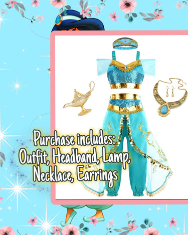 Girls Princess Jasmine Costume Set – Satin & Organza Aladdin Inspired Outfit with Accessories – Halloween – Royal Blue Genie Costume