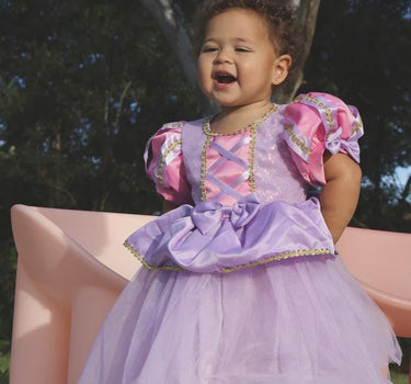 Baby Rapunzel Princess Dress – Luxe Tangled-Inspired Toddler Birthday & Party Outfit with Matching Bow – Sizes 6M to 3T