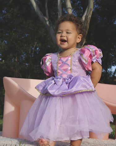 Baby Rapunzel Princess Dress – Luxe Tangled-Inspired Toddler Birthday & Party Outfit with Matching Bow – Sizes 6M to 3T