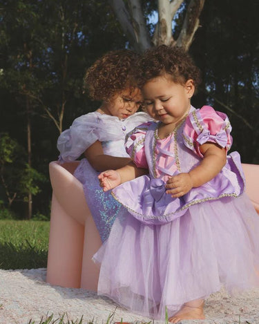 Baby Rapunzel Princess Dress – Luxe Tangled-Inspired Toddler Birthday & Party Outfit with Matching Bow – Sizes 6M to 3T