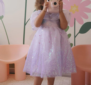 Rapunzel Butterfly Princess Dress – Sparkly Purple Party Costume with Puff Sleeves & Gem Detail – Toddler Girl Birthday Outfit