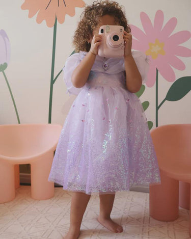 Rapunzel Butterfly Princess Dress – Sparkly Purple Party Costume with Puff Sleeves & Gem Detail – Toddler Girl Birthday Outfit