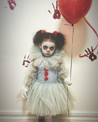 Girls Pennywise Clown Costume – Baby & Toddler IT-Inspired Tutu Dress with Hair Rings, Gloves and Balloon – Halloween Outfit