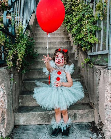 Girls Pennywise Clown Costume – Baby & Toddler IT-Inspired Tutu Dress with Hair Rings, Gloves and Balloon – Halloween Outfit