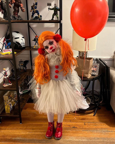 Girls Pennywise Clown Costume – Baby & Toddler IT-Inspired Tutu Dress with Hair Rings, Gloves and Balloon – Halloween Outfit