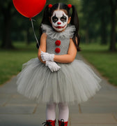 Girls Pennywise Clown Costume – Baby & Toddler IT-Inspired Tutu Dress with Hair Rings, Gloves and Balloon – Halloween Outfit