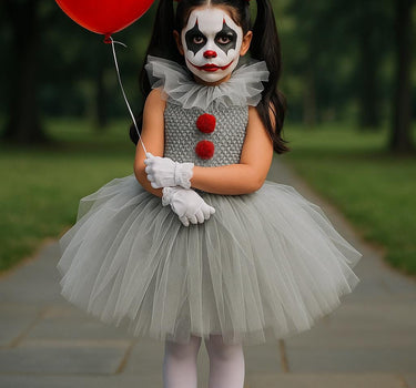 Girls Pennywise Clown Costume – Baby & Toddler IT-Inspired Tutu Dress with Hair Rings, Gloves and Balloon – Halloween Outfit