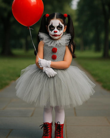 Girls Pennywise Clown Costume – Baby & Toddler IT-Inspired Tutu Dress with Hair Rings, Gloves and Balloon – Halloween Outfit