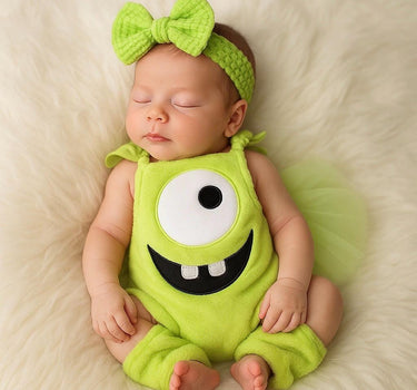 Newborn Mike Wazowski Costume | Monsters Inc Baby Romper Set with Bow & Leg Warmers | Baby Halloween Outfit | Baby Shower Gift