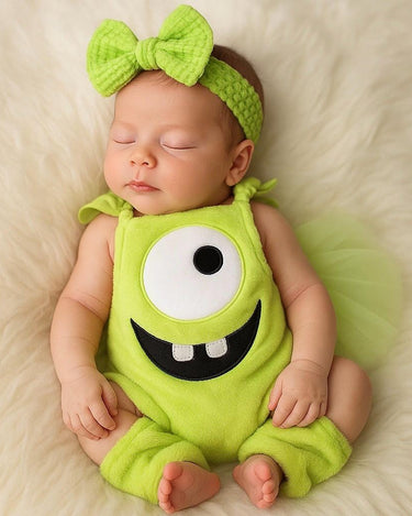 Newborn Mike Wazowski Costume | Monsters Inc Baby Romper Set with Bow & Leg Warmers | Baby Halloween Outfit | Baby Shower Gift