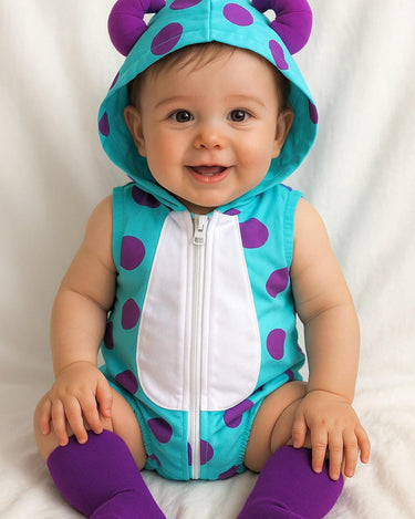 Sully Baby Costume Romper – Monsters Inc Inspired Halloween Outfit – Infant and Toddler – Blue and Purple Baby Monster Romper – 0-18 Months