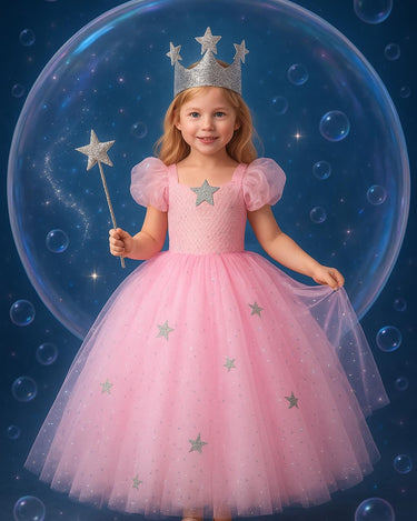 Glinda the Good Witch Costume – Tutu Dress with Star Crown & Wand – Wizard of Oz Girls Dress Up Outfit – Fairy Princess Halloween Costume