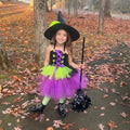 Girls Witch Costume Tutu Set – Toddler & Kids Halloween Outfit with Witch Hat and Broom – Purple Green Witch Dress