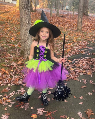 Girls Witch Costume Tutu Set – Toddler & Kids Halloween Outfit with Witch Hat and Broom – Purple Green Witch Dress