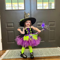 Girls Witch Costume Tutu Set – Toddler & Kids Halloween Outfit with Witch Hat and Broom – Purple Green Witch Dress