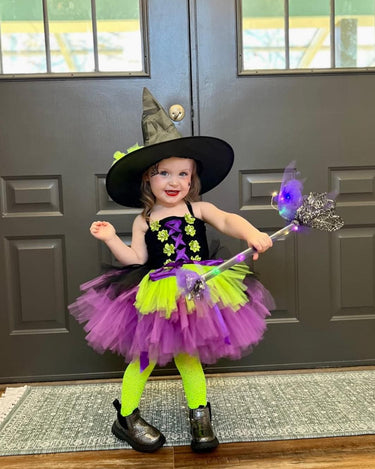 Girls Witch Costume Tutu Set – Toddler & Kids Halloween Outfit with Witch Hat and Broom – Purple Green Witch Dress