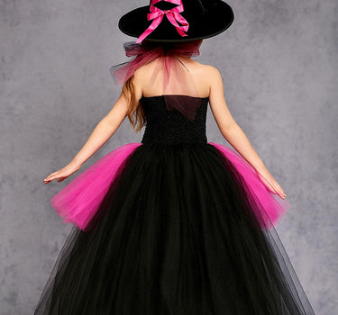 Pink and Black Witch Costume for Girls – Halloween Tutu Dress Set with Hat and Broom – Toddler & Kids Witch Outfit
