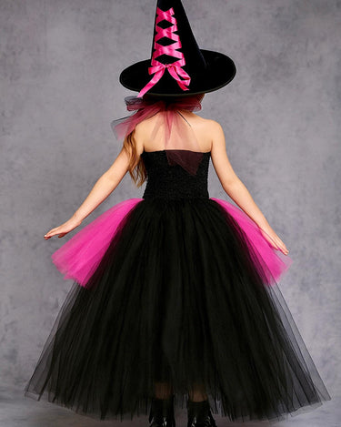 Pink and Black Witch Costume for Girls – Halloween Tutu Dress Set with Hat and Broom – Toddler & Kids Witch Outfit