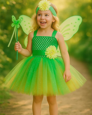 Tinker Bell Green Fairy Tutu Dress for Girls – Wings, Wand & Headband Included | Toddler Birthday Halloween Costume Set