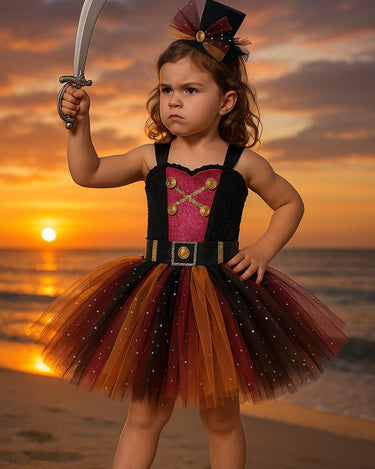 Girls Pirate Tutu Costume – Toddler Halloween Dress with Clip-On Pirate Hat | Buccaneer Dress Up Outfit