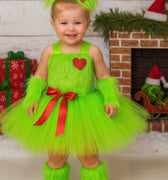 Grinchmas Tutu Dress Set – Girls Christmas Costume with Furry Leg and Arm Warmers, Red Bow & Heart – Holiday Toddler Dress Up Outfit