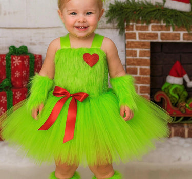 Grinchmas Tutu Dress Set – Girls Christmas Costume with Furry Leg and Arm Warmers, Red Bow & Heart – Holiday Toddler Dress Up Outfit