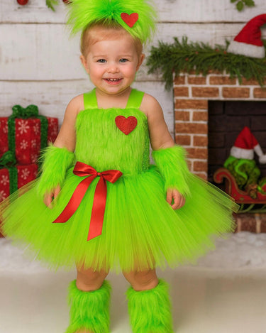 Grinchmas Tutu Dress Set – Girls Christmas Costume with Furry Leg and Arm Warmers, Red Bow & Heart – Holiday Toddler Dress Up Outfit