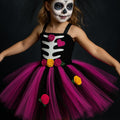 Zombie Bride Tutu Dress for Girls – Halloween Skeleton Costume with Veil Clip, Day of the Dead Toddler Outfit, Spooky Flower Girl Dress