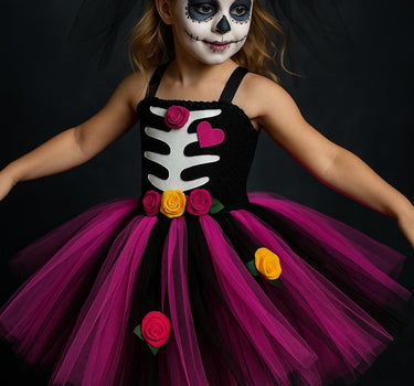 Zombie Bride Tutu Dress for Girls – Halloween Skeleton Costume with Veil Clip, Day of the Dead Toddler Outfit, Spooky Flower Girl Dress