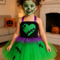 Frankenstein Girl Halloween Costume – Green Tutu Dress with Headband Hat – Kids Spooky Monster Dress-Up