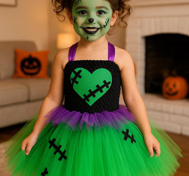 Frankenstein Girl Halloween Costume – Green Tutu Dress with Headband Hat – Kids Spooky Monster Dress-Up
