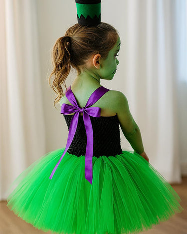 Frankenstein Girl Halloween Costume – Green Tutu Dress with Headband Hat – Kids Spooky Monster Dress-Up