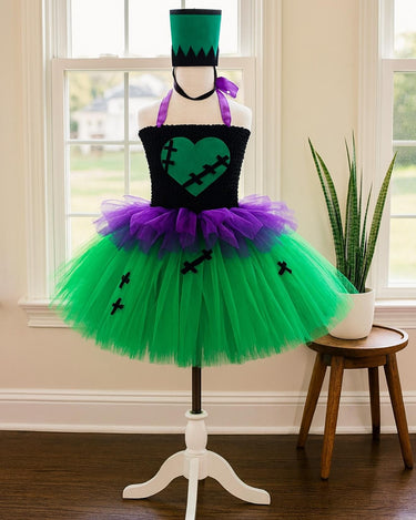 Frankenstein Girl Halloween Costume – Green Tutu Dress with Headband Hat – Kids Spooky Monster Dress-Up