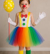 Colorful Clown Tutu Costume Set for Girls – Rainbow Dress, Bow Headband, Nose, Gloves, Balloon & Socks – Circus Halloween Outfit
