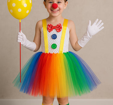 Colorful Clown Tutu Costume Set for Girls – Rainbow Dress, Bow Headband, Nose, Gloves, Balloon & Socks – Circus Halloween Outfit