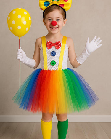 Colorful Clown Tutu Costume Set for Girls – Rainbow Dress, Bow Headband, Nose, Gloves, Balloon & Socks – Circus Halloween Outfit