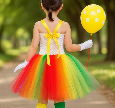 Colorful Clown Tutu Costume Set for Girls – Rainbow Dress, Bow Headband, Nose, Gloves, Balloon & Socks – Circus Halloween Outfit