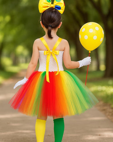 Colorful Clown Tutu Costume Set for Girls – Rainbow Dress, Bow Headband, Nose, Gloves, Balloon & Socks – Circus Halloween Outfit