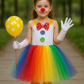 Colorful Clown Tutu Costume Set for Girls – Rainbow Dress, Bow Headband, Nose, Gloves, Balloon & Socks – Circus Halloween Outfit