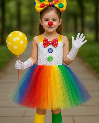 Colorful Clown Tutu Costume Set for Girls – Rainbow Dress, Bow Headband, Nose, Gloves, Balloon & Socks – Circus Halloween Outfit