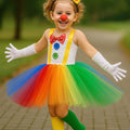 Colorful Clown Tutu Costume Set for Girls – Rainbow Dress, Bow Headband, Nose, Gloves, Balloon & Socks – Circus Halloween Outfit