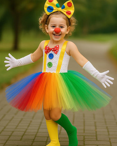 Colorful Clown Tutu Costume Set for Girls – Rainbow Dress, Bow Headband, Nose, Gloves, Balloon & Socks – Circus Halloween Outfit