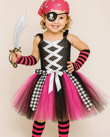Pink Pirate Tutu Costume for Girls – Halloween Dress Up Set w/ PlaySword, Bandana, Eye Patch, Socks & Gloves