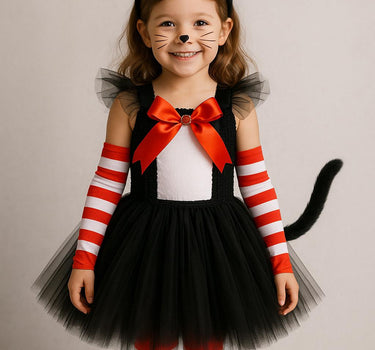 Girls Cat in the Hat Tutu Costume Set – Toddler Inspired Outfit with Tail, Hat Headband, Tights & Sleeves