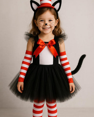 Girls Cat in the Hat Tutu Costume Set – Toddler Inspired Outfit with Tail, Hat Headband, Tights & Sleeves