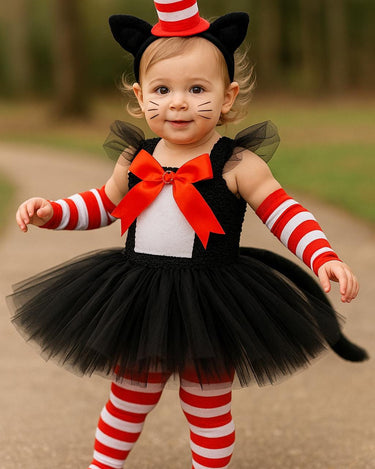 Girls Cat in the Hat Tutu Costume Set – Toddler Inspired Outfit with Tail, Hat Headband, Tights & Sleeves